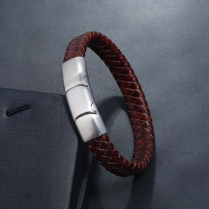 Men's burgundy braided leather bracelet with matte silver magnetic steel clasp