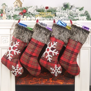 Christmas Stocking Plaid Fabric Faux Fur Trim Snowflake Embroidery Fireplace Hanging Decoration Traditional Holiday Gift Bag
