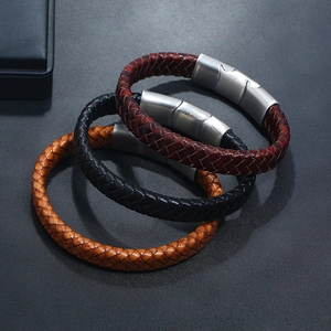 Men's braided leather bracelet set with magnetic stainless steel clasps in three colors