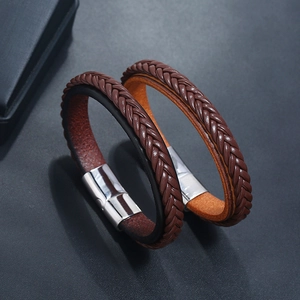 Men's braided leather bracelets with stainless steel magnetic clasp in brown and black