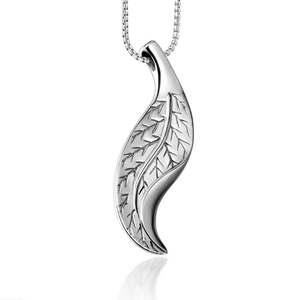 Silver leaf pendant necklace in punk style with textured veins on stainless steel
