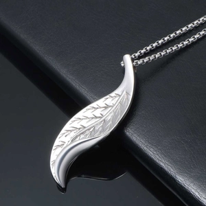 Punk style silver leaf pendant necklace in titanium steel with detailed leaf vein texture