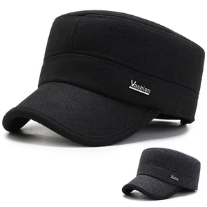Men Woolen Cadet Cap Winter Warm Flat Top Military Hat With Foldable Ear Flaps Adjustable Metal Buckle Outdoor