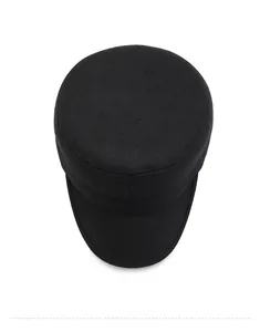 Top view of a black wool flat top military cap for men with metal plate detail