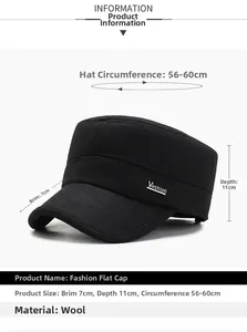 Detailed dimensions of black wool flat top cap with 7cm brim and 56-60cm circumference