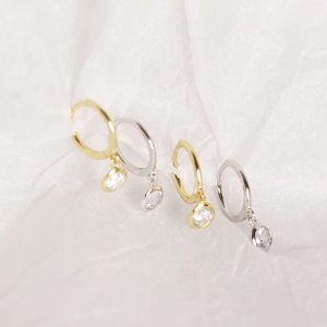Minimalist S925 sterling silver hoop earrings with round zircon charms in gold and silver