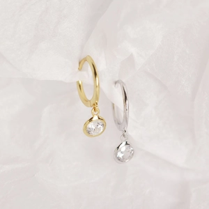 Minimalist S925 sterling silver hoop earrings with round bezel set cubic zirconia crystals