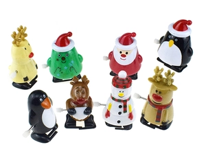 Set of 8 colorful Christmas wind-up toys featuring Santa, snowman, and reindeer figures