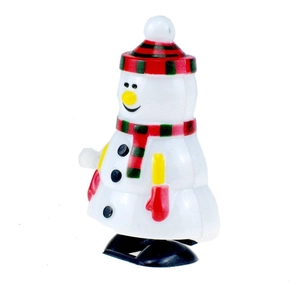 Detail view of a wind-up snowman toy with red and green striped hat and scarf decor