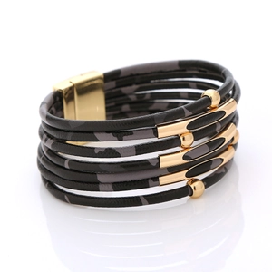 Detail of multi-layer leopard print leather bracelet with gold magnetic closure