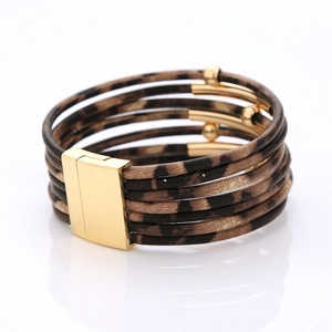 Close-up of leopard print multilayer bracelet with polished gold magnetic clasp and beads