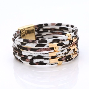 Macro detail of multi-strand leopard print wrap bracelet with golden magnetic clasp closure