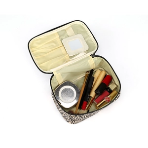 Large capacity leopard print makeup bag with inner compartments and small mirror