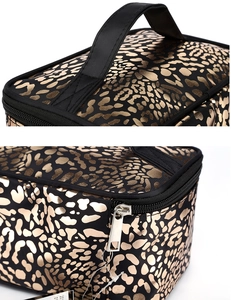 Detail view of leopard print cosmetic bag with sturdy black handle and metal zipper