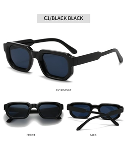 Three-angle views of black chunky square sunglasses showing front, back and 45-degree angle