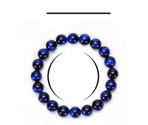 Detailed spec sheet showing 10mm blue tiger eye stone bracelet weight and inner size