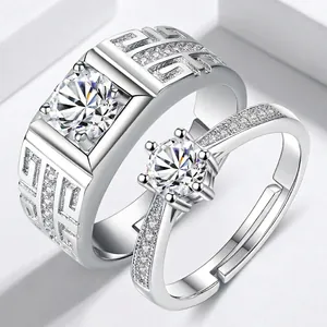 Fashion Copper Silver Plated Zirconia Couple Ring Set Greek Meander Pattern Six Prong Wedding Adjustable Open Rings For Women Men