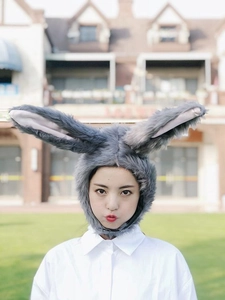 Detail shot of long grey faux fur rabbit ears on a plush hat for photography