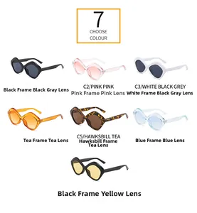 Multiple color variations of irregular geometric sunglasses with UV400 protection