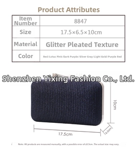 Detailed specs of glitter pleated evening bag 8847 with size 17.5x6.5x10cm in various colors