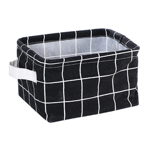 Foldable cotton linen storage basket with black and white grid pattern and side handles