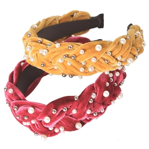 Braided velvet headbands in yellow and burgundy with pearls and metal beads