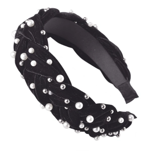 Detail of black velvet braided headband featuring white pearls and silver beads