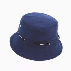 Navy blue breathable cotton bucket hat with SPORT webbing and metal eyelets for ventilation