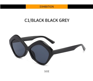 Side view detail of irregular diamond-shaped black sunglasses with wide glossy temples