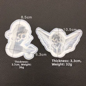 Detailed view of silicone mermaid and angel molds with dimensions and weight specs