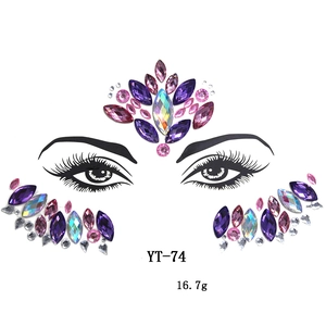 Macro view of YT-74 acrylic face gem set with purple and pink rhinestone pattern
