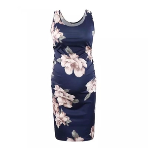 Detail of floral sleeveless maternity dress with side ruching and dark blue fabric