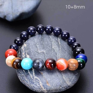 Close-up of Solar System natural stone bracelet with 10mm and 8mm assorted gemstone beads