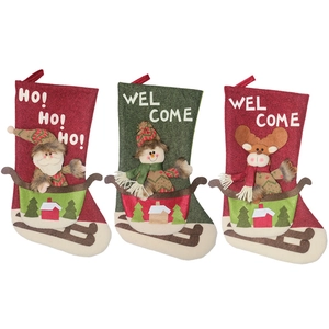 Three festive Christmas stockings with 3D Santa, Snowman, and Reindeer on white background