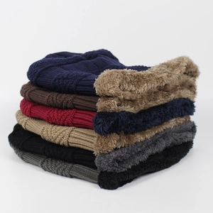 Winter thermal knit beanie set with thick fleece lining in six assorted solid colors