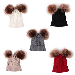 Women Kids Winter Warm Knit Hat Double Pom Pom Twist Beanie Family Matching Crochet Cap Thick Ear Protection Hat