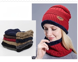 Close-up of knit beanie and neck warmer set with thick fleece lining in multiple colors