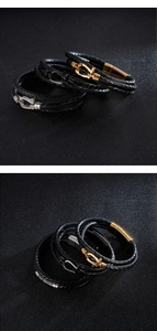 Macro detail of braided leather bracelets with gold, silver, and black magnetic U-shaped clasps