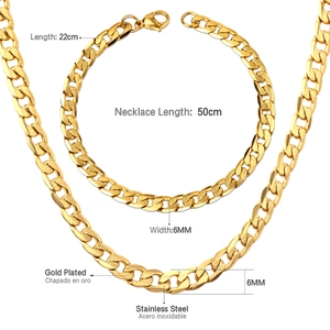 Detail showing 6mm gold plated stainless steel Cuban chain necklace and bracelet set