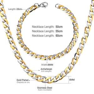 Detail view of 6mm two-tone stainless steel cuban link chain set with size dimensions