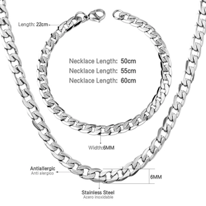 Detail of 6mm stainless steel Cuban chain necklace and bracelet set with size specifications