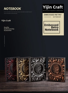 Detail showing four vintage embossed notebooks with leather texture and Indian feather crown
