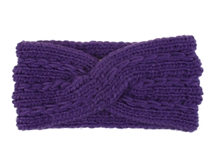 Detail of chunky cable knit winter headband in dark purple with a stylish twist knot