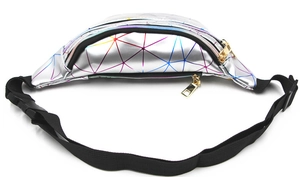 Detail of silver laser waist bag with colorful geometric patterns and gold zippers