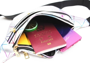 Detail view of the holographic geometric fanny pack showing multi-layer storage compartments