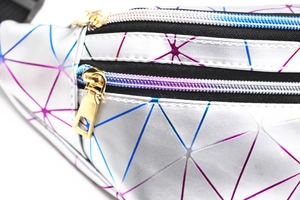 Close-up of geometric holographic PU leather waist bag featuring gold zippers and pockets