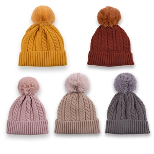 Cable Knit Beanie Hat With Faux Fur Pom-pom Winter Warm Woolen Knitted Cap For Women Outdoor Casual Style