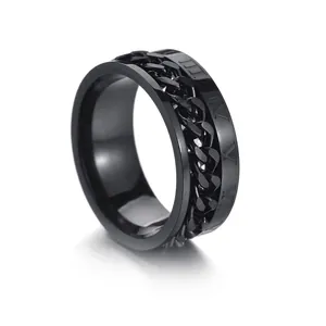 Black stainless steel spinner ring featuring rotatable chain and Roman numeral engravings