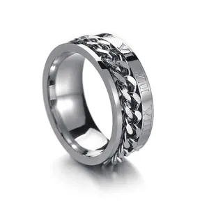 Polished stainless steel spinning ring featuring roman numerals and a center chain inlay