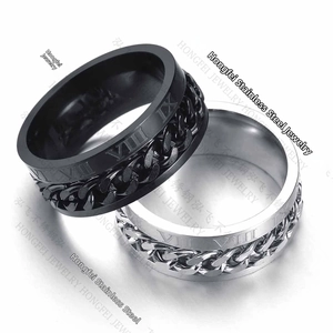 Close-up of rotatable stainless steel rings with Roman numerals and chain inlay